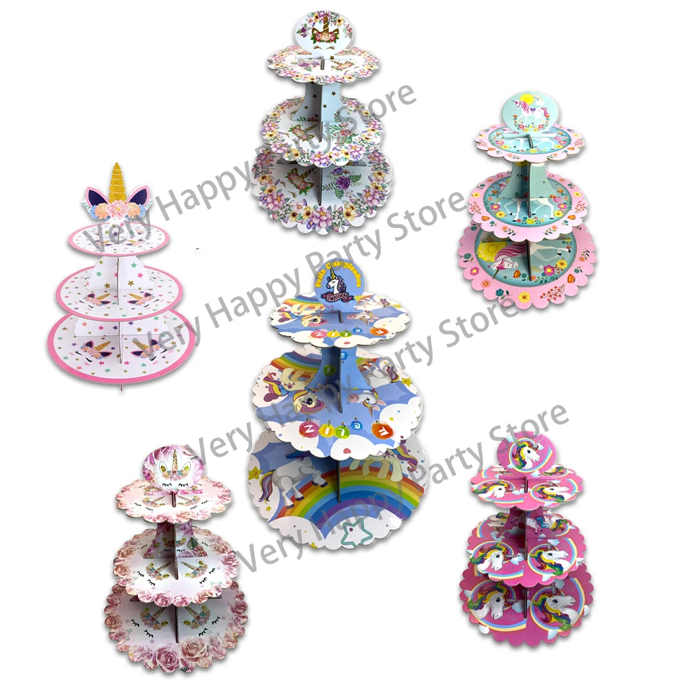 1set/lot Unicorn Horse Cake Stand 3 Tier Cupcake Holder Stand Disposable Foldable Dessert Display Kids Birthday Party Supplies