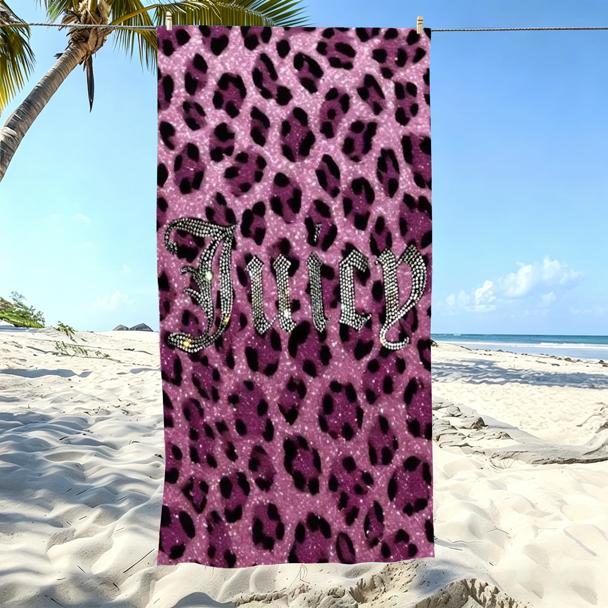 1pc J-Juicy Couture Pink Glitter Leopard Print Logo Y2K Girly Beach Towel Microfiber Quick Dry Bath Towel For Pool Beach Travel