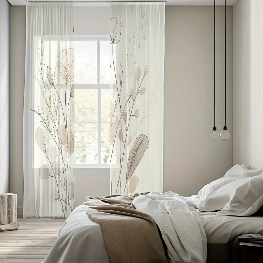 2PCS Digital Printed Sheer Curtain, Light Sketch Bloom Flowers, Soft Watercolor Floral for Living Room Bedroom Home Decor
