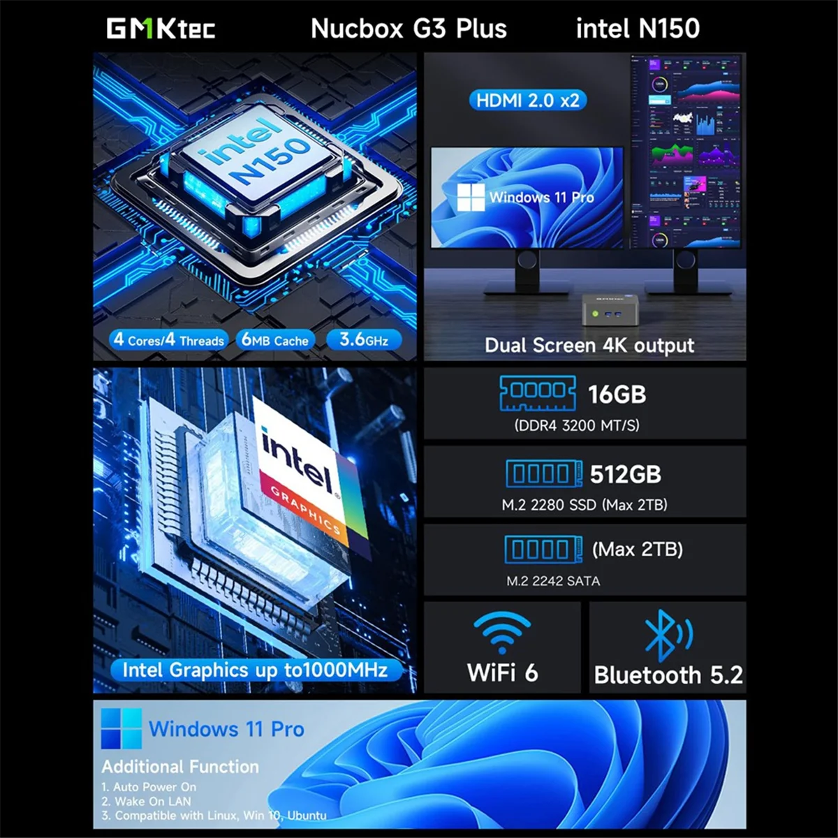 

ТОП ПРОДАЖА G3 Plus Mini PC N150 8 ГБ + 512 ГБ DDR4 WiFi6 + BT5.2 Поддержка 11 Pro Mini PC Офисный геймер Компьютер Американская вилка CHYY НОВЫЙ