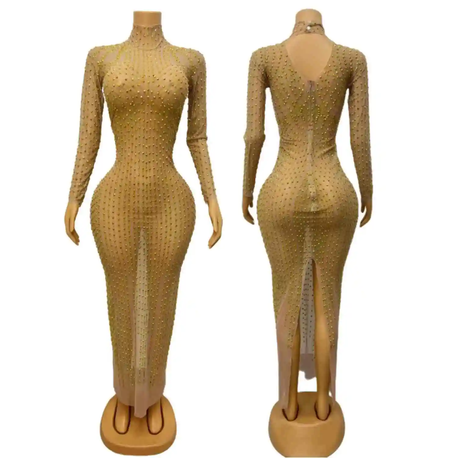 

Sparkly Gold Rhinestone Mesh Long Dress Sexy Women Long Sleeved Gown Birthday Celebrate Party Outfit Luxury Couture Liujinsuiyue