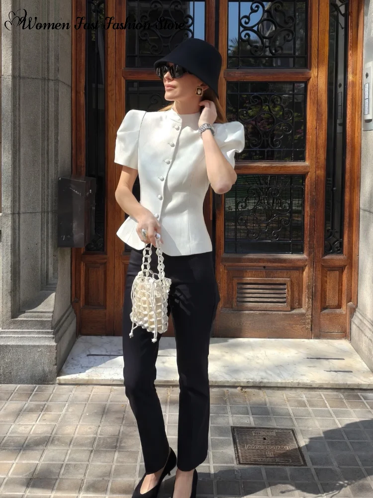 Elegant Single-breasted Short Sleeve Top Women's Solid O-neck Tank Tops Coat 2026 Spring Summer New Ladies High Street Outwear