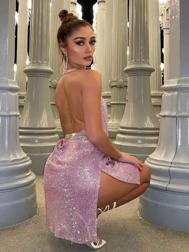 女性のためのセクシーなミニタイトドレス,非対称の衣装,ホルターネック,無地,ホルターネック,両面スリット,ストレッチ,スリム,ナイトクラブの衣装