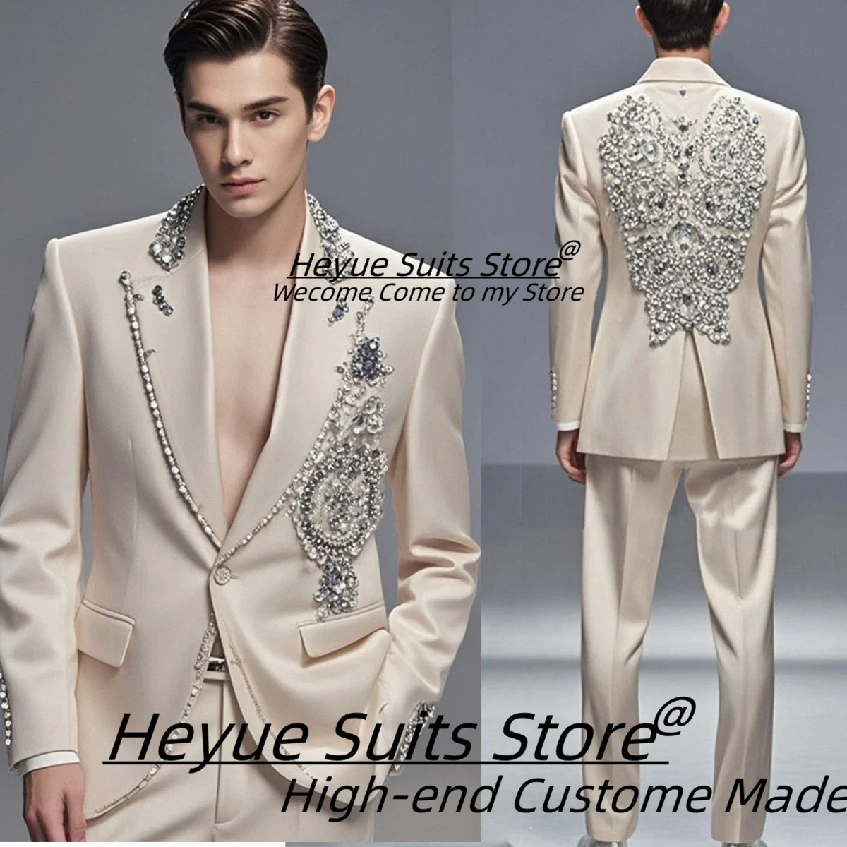 Shiny Rhinestone Bead High-end Men Suits Customized Slim Fit peak Lapel Groom Wedding Tuxedos 2 Pieces Sets Male Prom Blazers