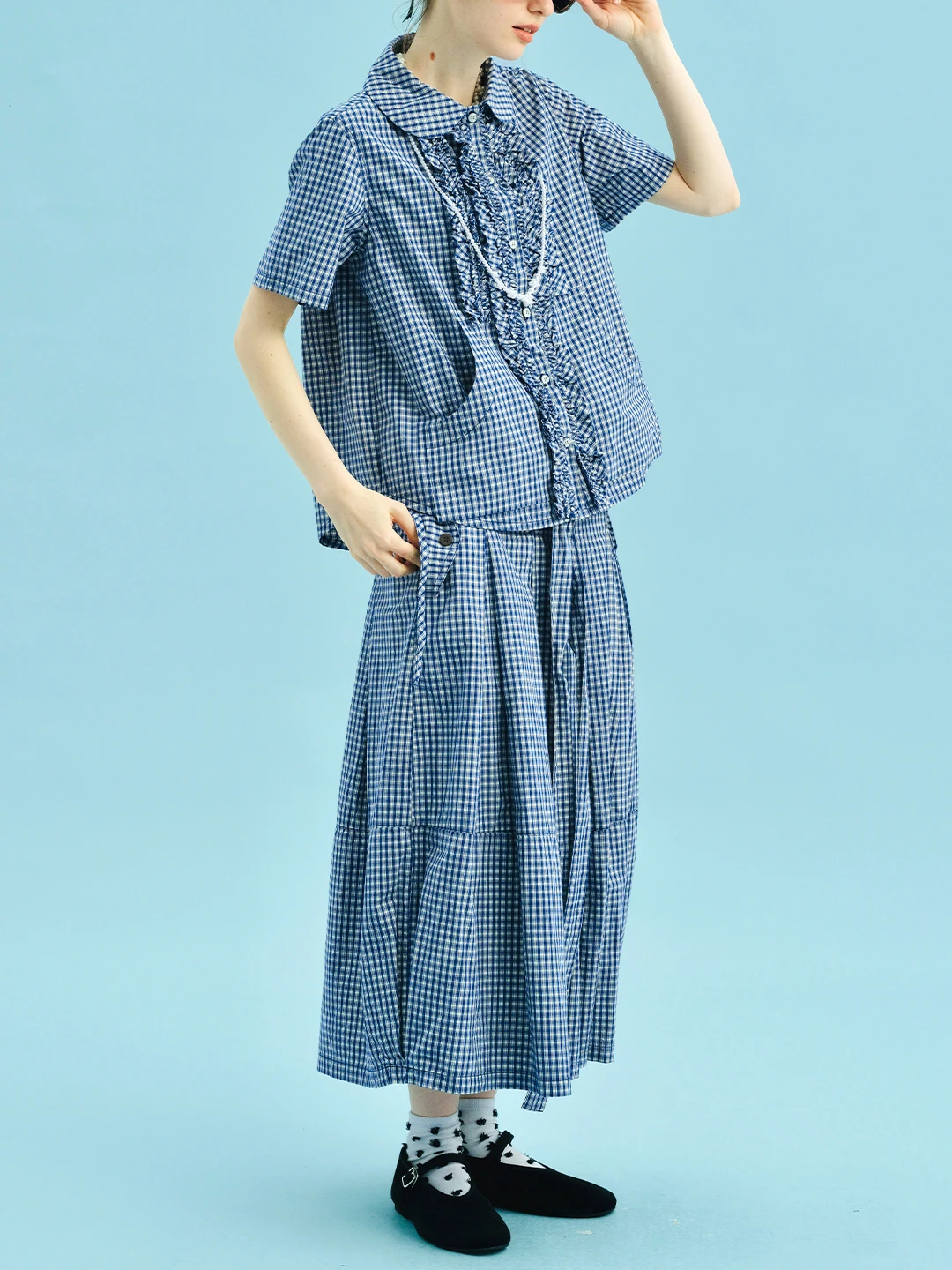Chemise à carreaux bleue de Style d'été Original, col de poupée lavé en pur coton, dentelle à manches courtes pour dame 255011