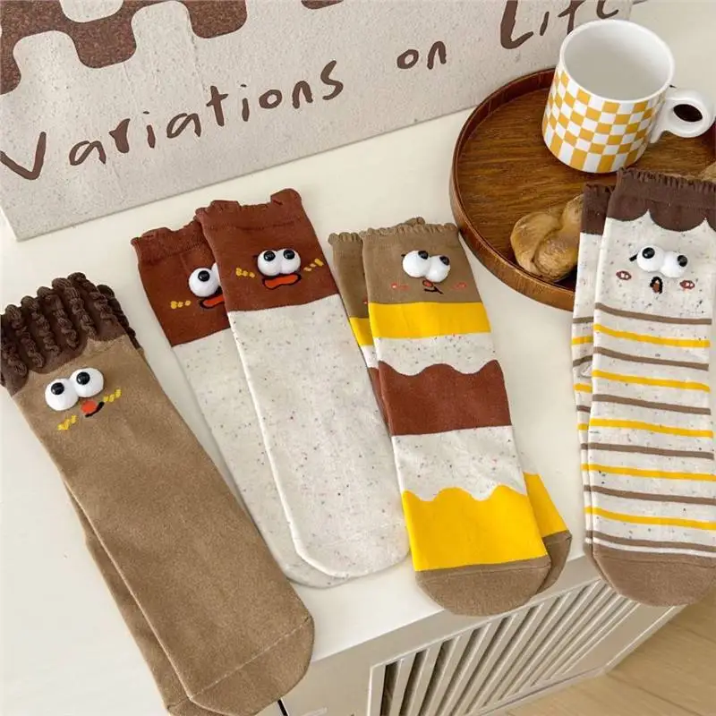 Women's Socks Ugly Cute Funny Couple Personality Burst Coffee Color Cute Cartoon Three-dimensional Big Eyes Middle Tube Socks