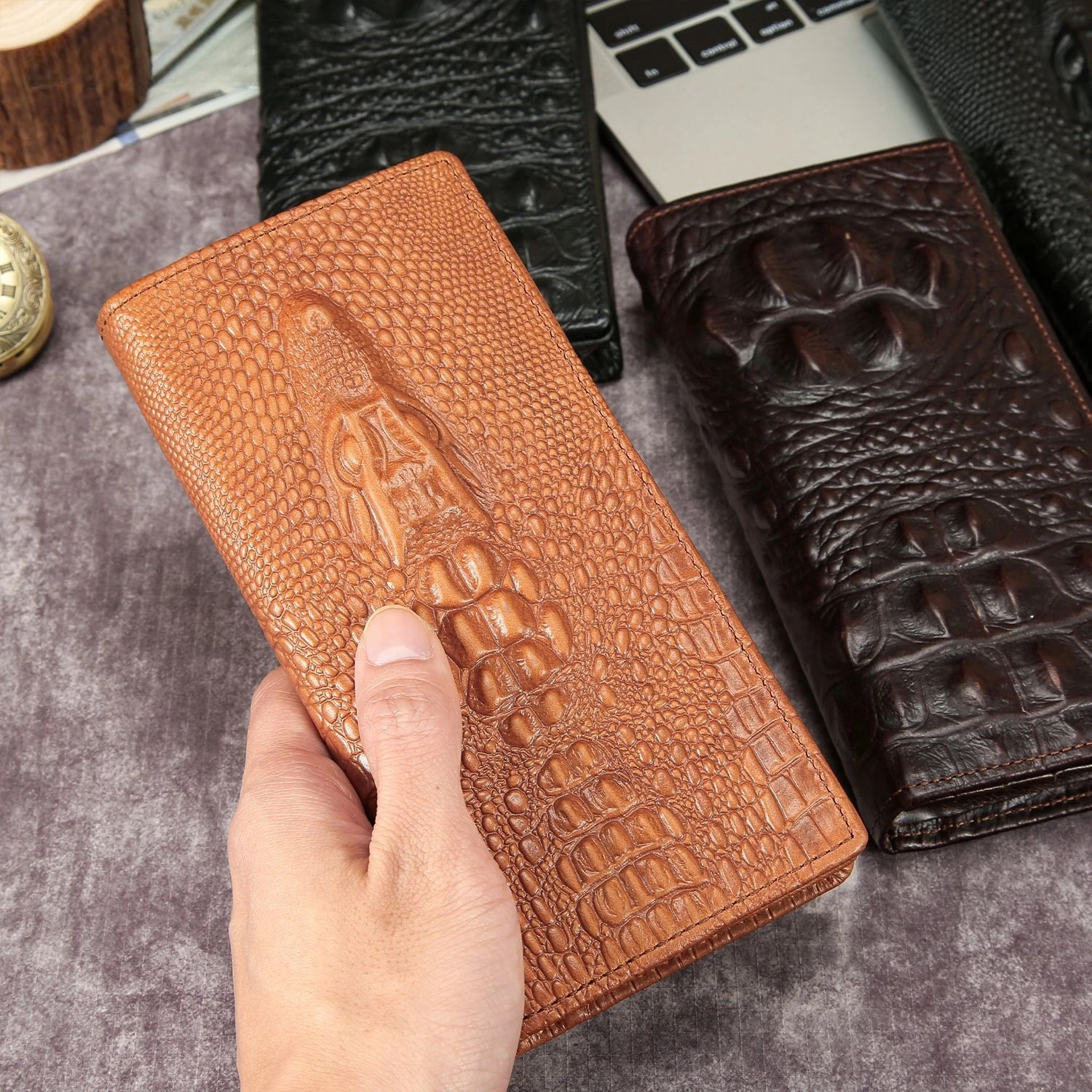 

Винтажный кожаный длинный кошелек с крокодиловым узором - двойной кошелек с отделениями для карт и наличных, классический деловой кошелек для джентльменов