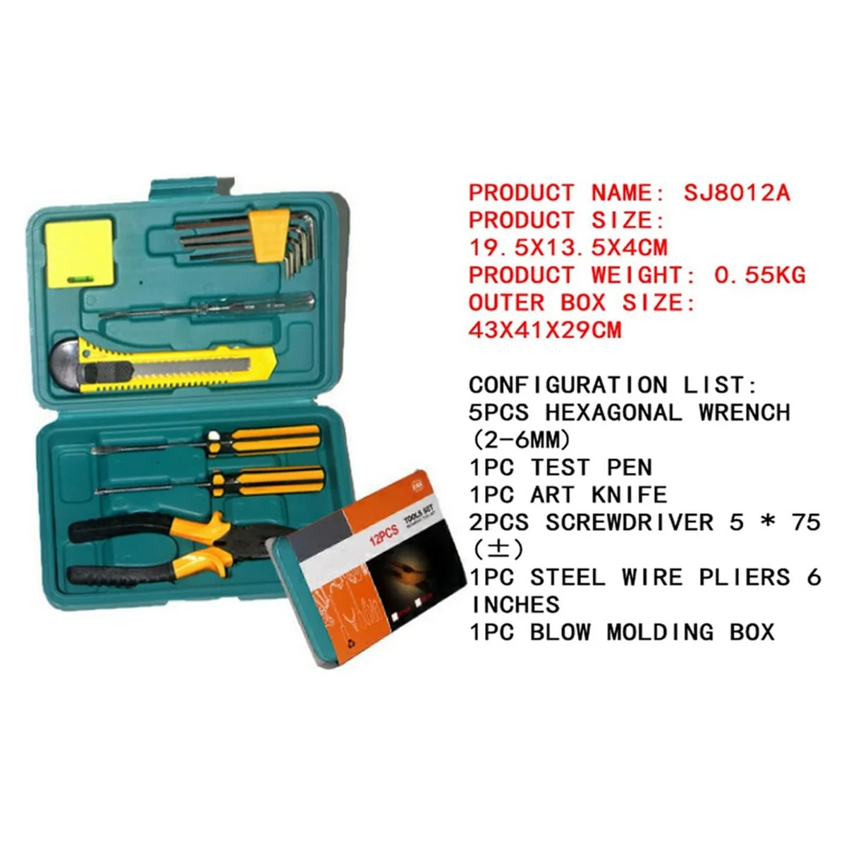 CYL-12Pcs Universal Repair Kit with Plastic Toolbox with Wrench, Tape Measure and Screwdriver for Auto Repair Hardware Tools