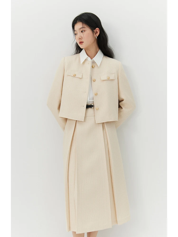 ZIQIAO French Style Temperament Jacket Suit for Women 2024 Early Spring New Short Blazer + A-Line Skirt Female Sets