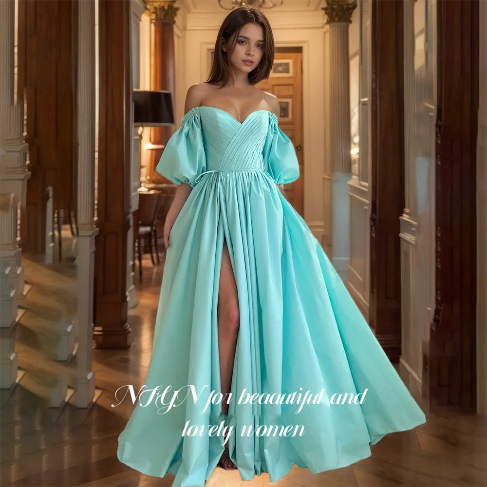 

NFYN Green Long Stain Prom Dress A Line Off the Shoulder Pleat Evening Dresses with Split Puffy Sleeves Sweep Train Customized