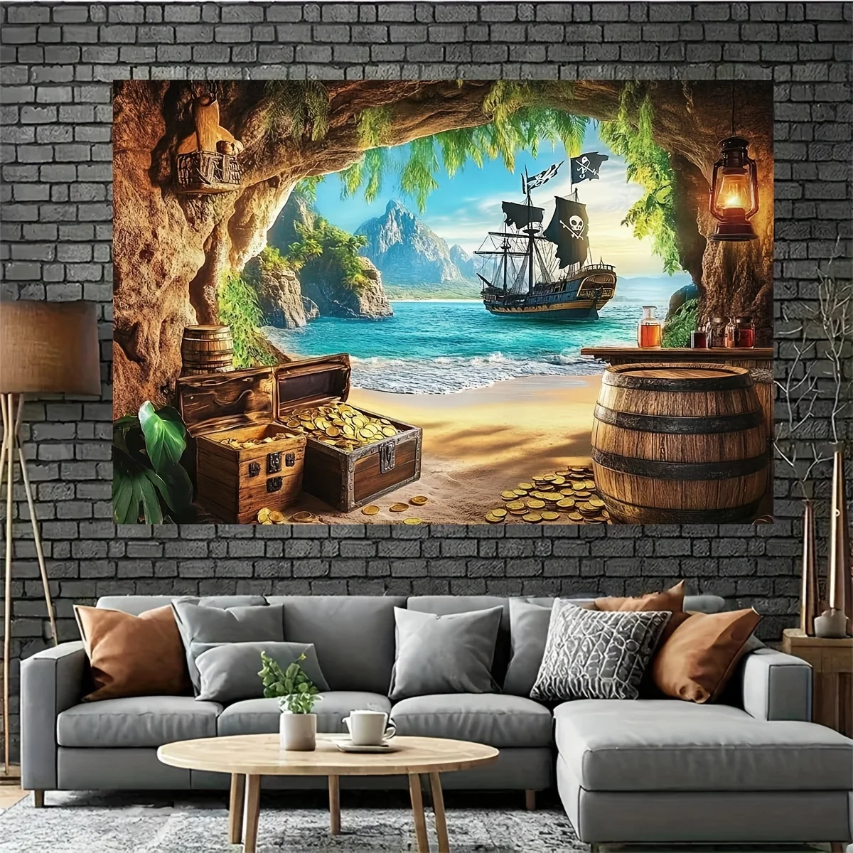 2D plane design, 1 pirate ship and treasure island background banner - large chest with golden flag and pirate flag