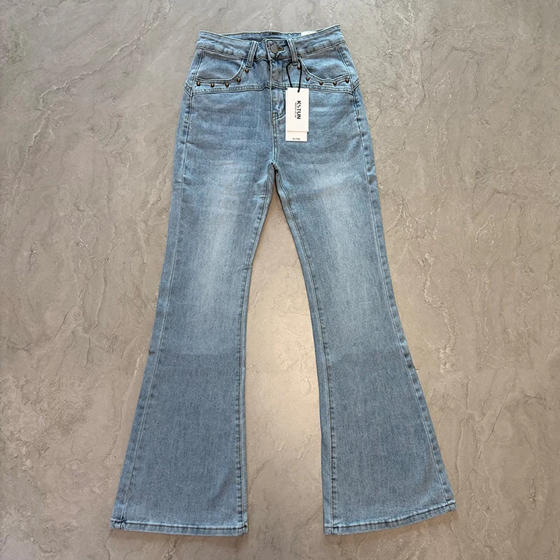 2026 New Slim Skinny Bell-Bottom Jeans For Women High-waisted Flared Pants Light Blue Stretch Patchwork Rivets Design Chic Jeans