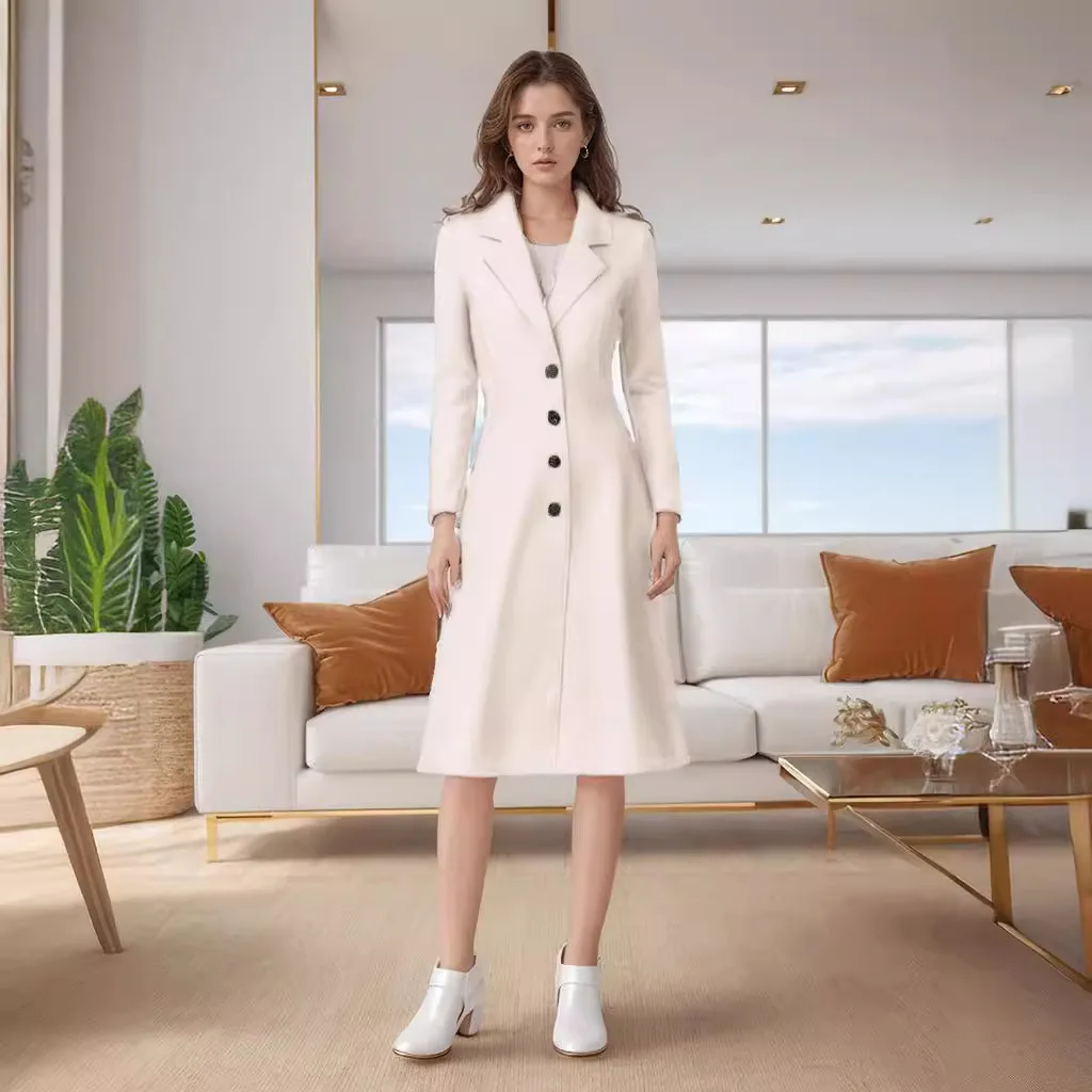 

Fashionable Long Woolen Coat for Women Turn-down Collar Luxury Autumn Winter Outerwear Street Style Slim Fit Button Detail