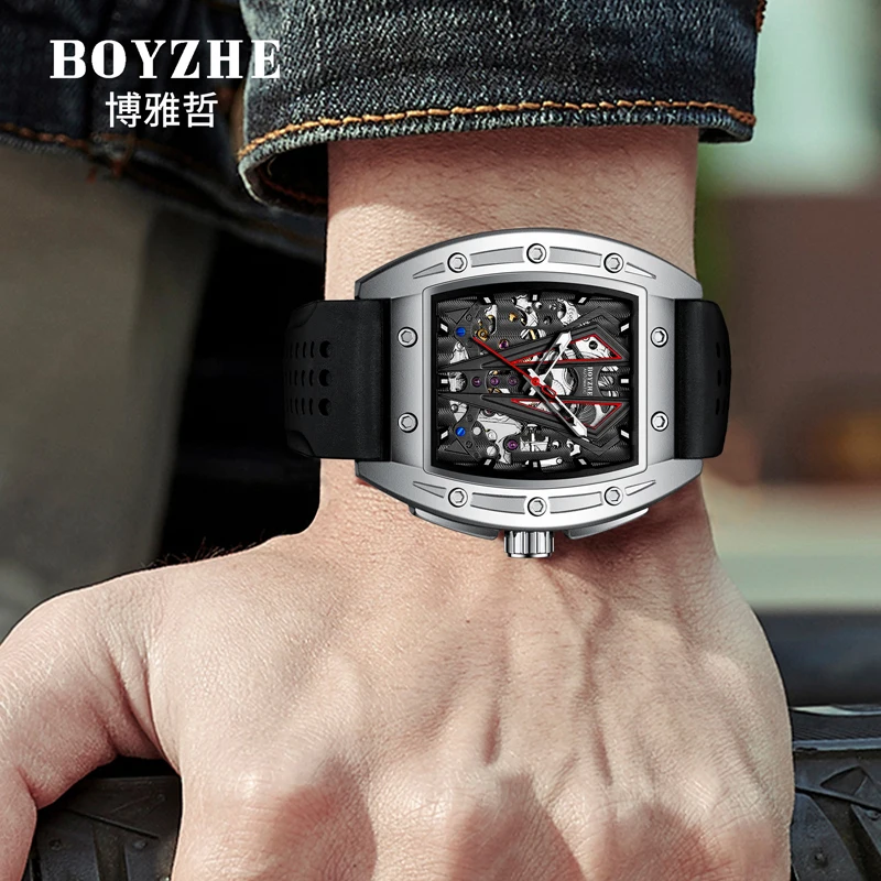 BOYZHE Mechanical Wristwatches Luxury Men Watches Business Silicone Strap Fashion Automatic Skeleton Watch Waterproof Male Clock