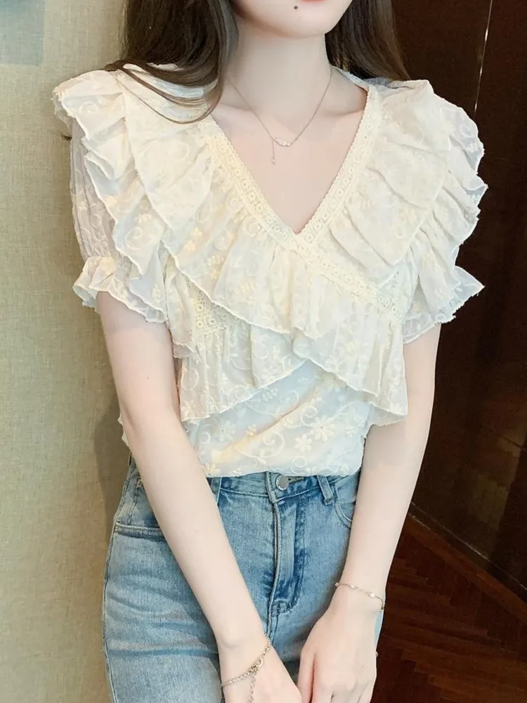 Chiffon Summer Lace Patchwork V-Neck Tops Women Embroidery Fashion Ruffle Sweet Ladies Cropped Blouses Pleated Woman Tops