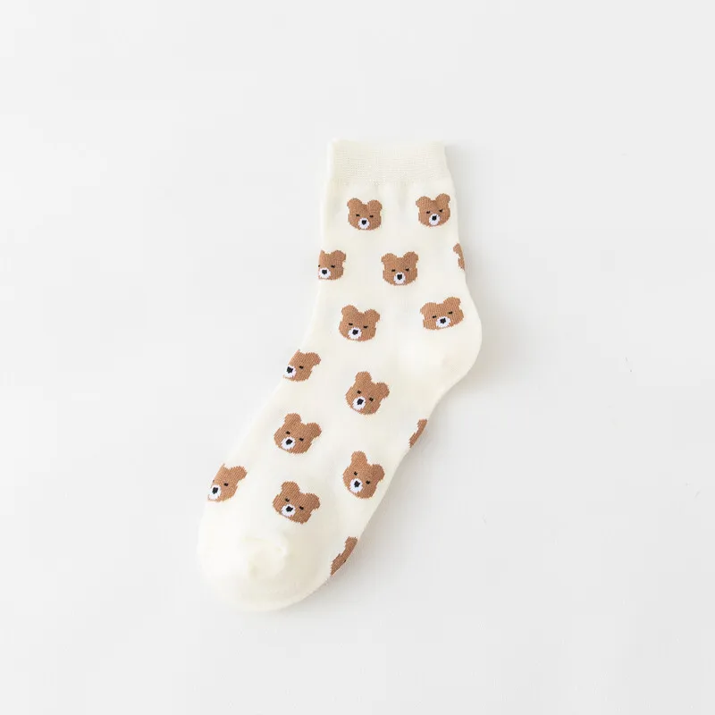 Chaussettes en coton à tube moyen pour femmes, ours mignon japonais, Ins, marque de mode, style universitaire de dessin animé coréen, 3/6 paires