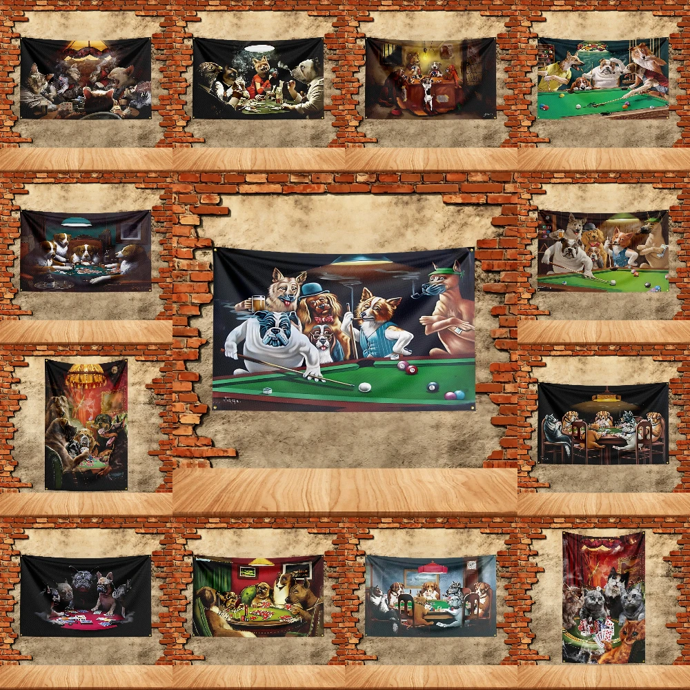 Animals playing billiards and poker Funny Flag  Banner Custom Image Bedroom Living Room Dorm Wall Hanging Decor Tapestry