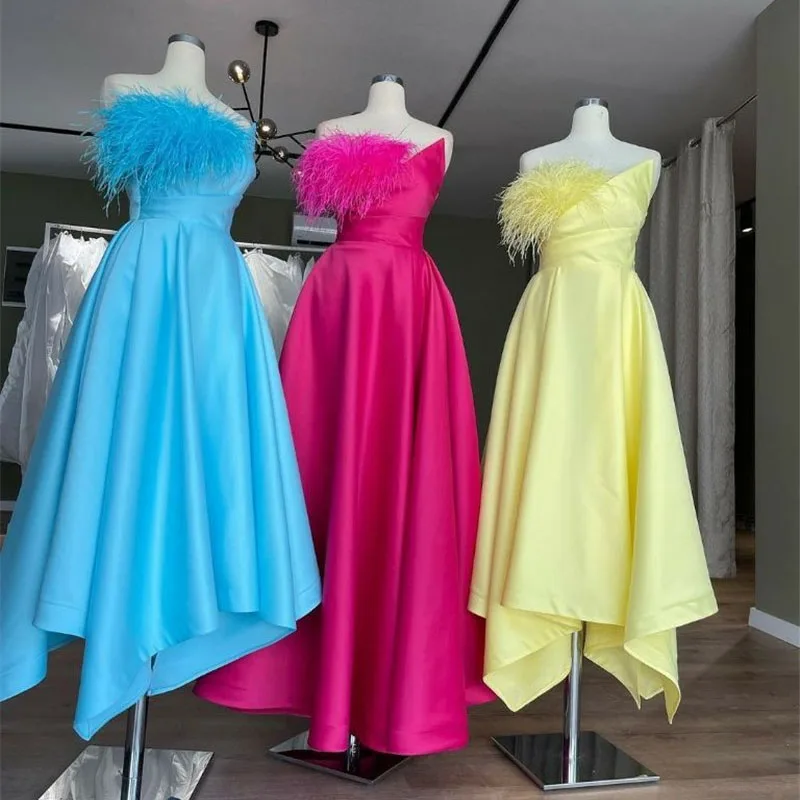 

Smileven Formal A Line Evening Dresses Strapless Prom Dresses Robe De Marieer Feather Formal Occasion Gowns 2023