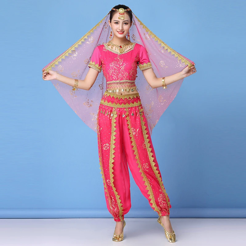 New Belly Dance Performance Practice Highlights Pants Short Sleeve Practice Set Indian Dance Performance Costumes 8pcs Set