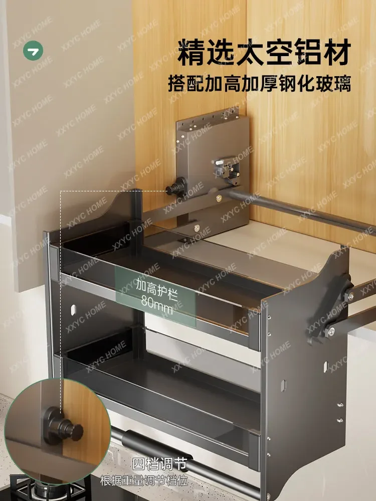 Kitchen Wall Cupboard Lifting Pull-out Basket Cabinet Drop-down Type up and down Buffer Open Door Telescopic Storage Rack