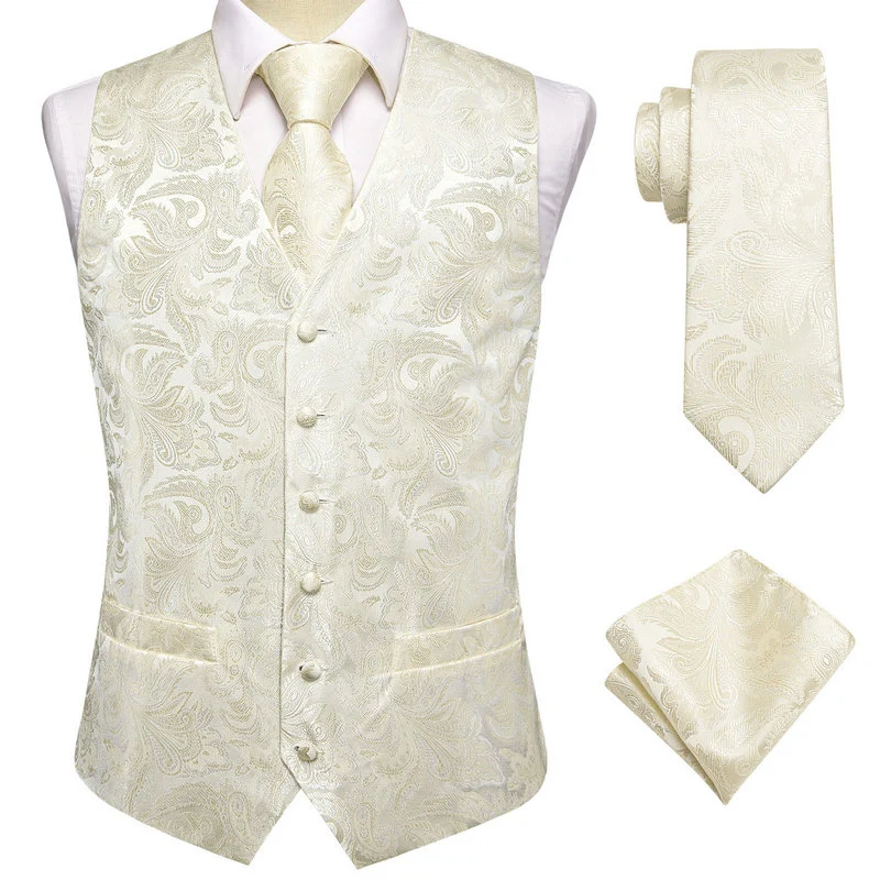 VerveRow Men V-Neck Jacquard Waistcoat Vest Tie Pocket Square Set Ivory Paisley Wedding Formal Suit