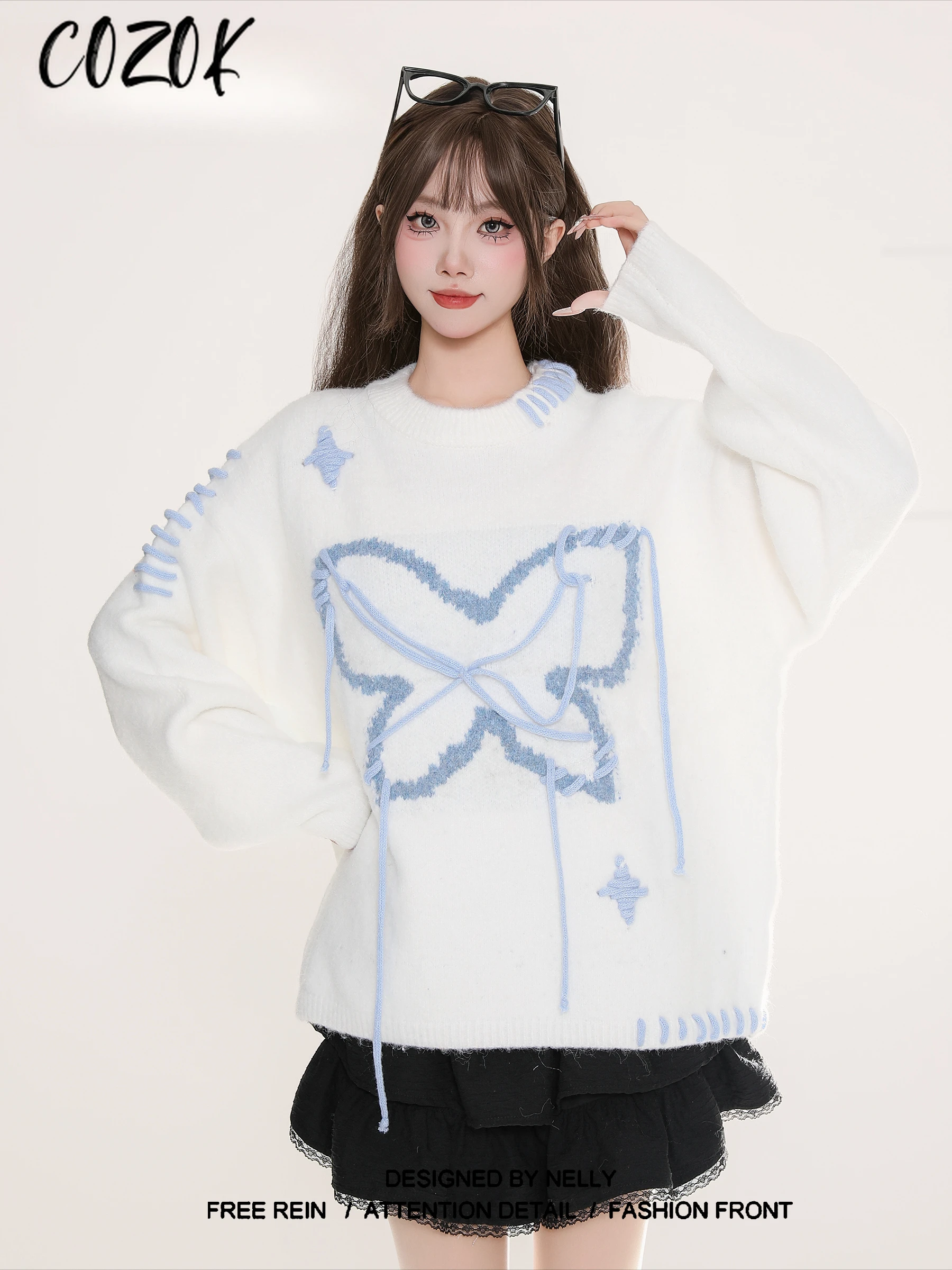 

Knitted Sweater Women's Winter Round Neck Sweater for Women Creative Bow Tied Design Loose Fit Soft and Supple Knitted