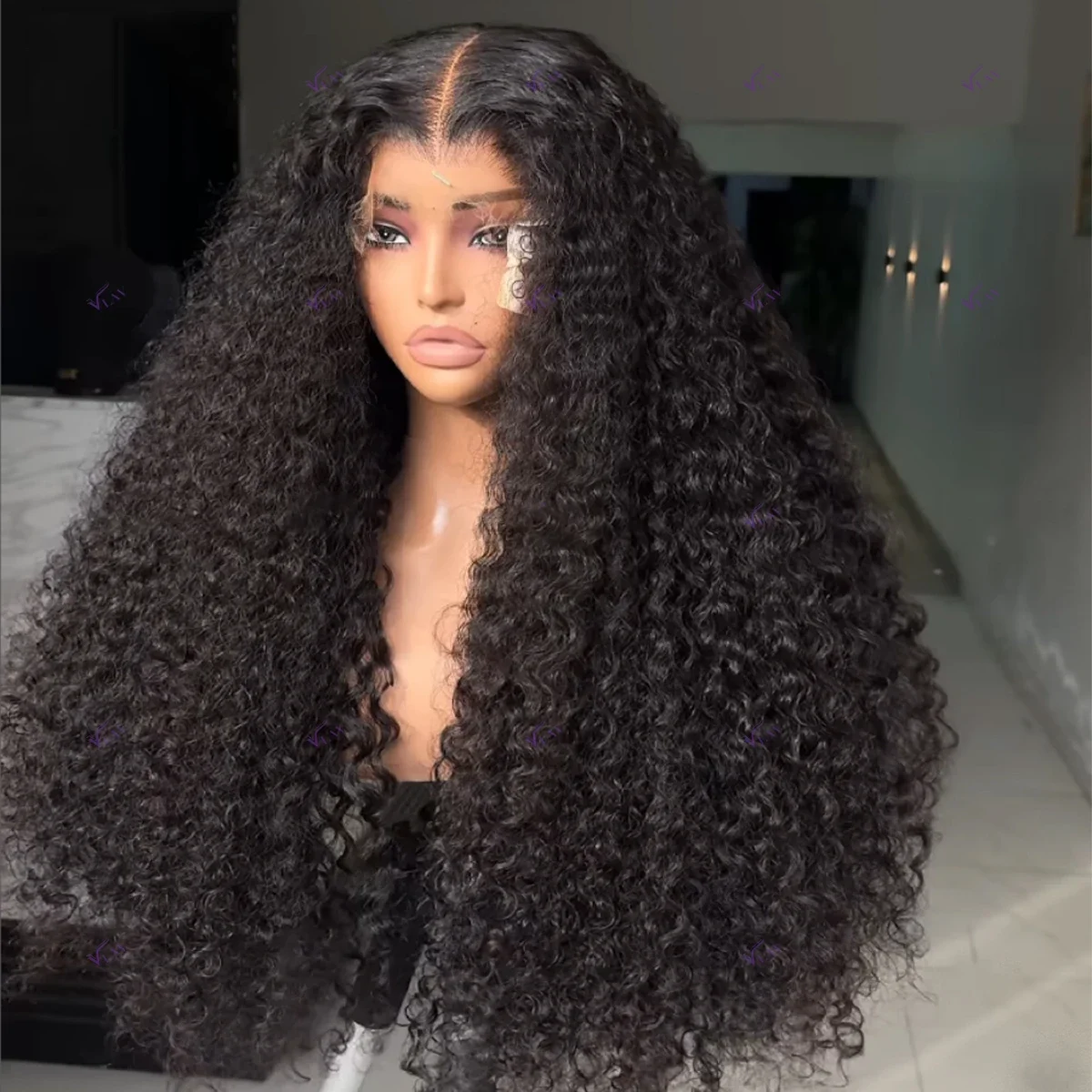 Perruque Lace Front Wig sans colle bouclée crépue noire naturelle pour femme, cheveux de bébé préplumés, long, densité 180, degré de chaleur, 26 po, 03/3