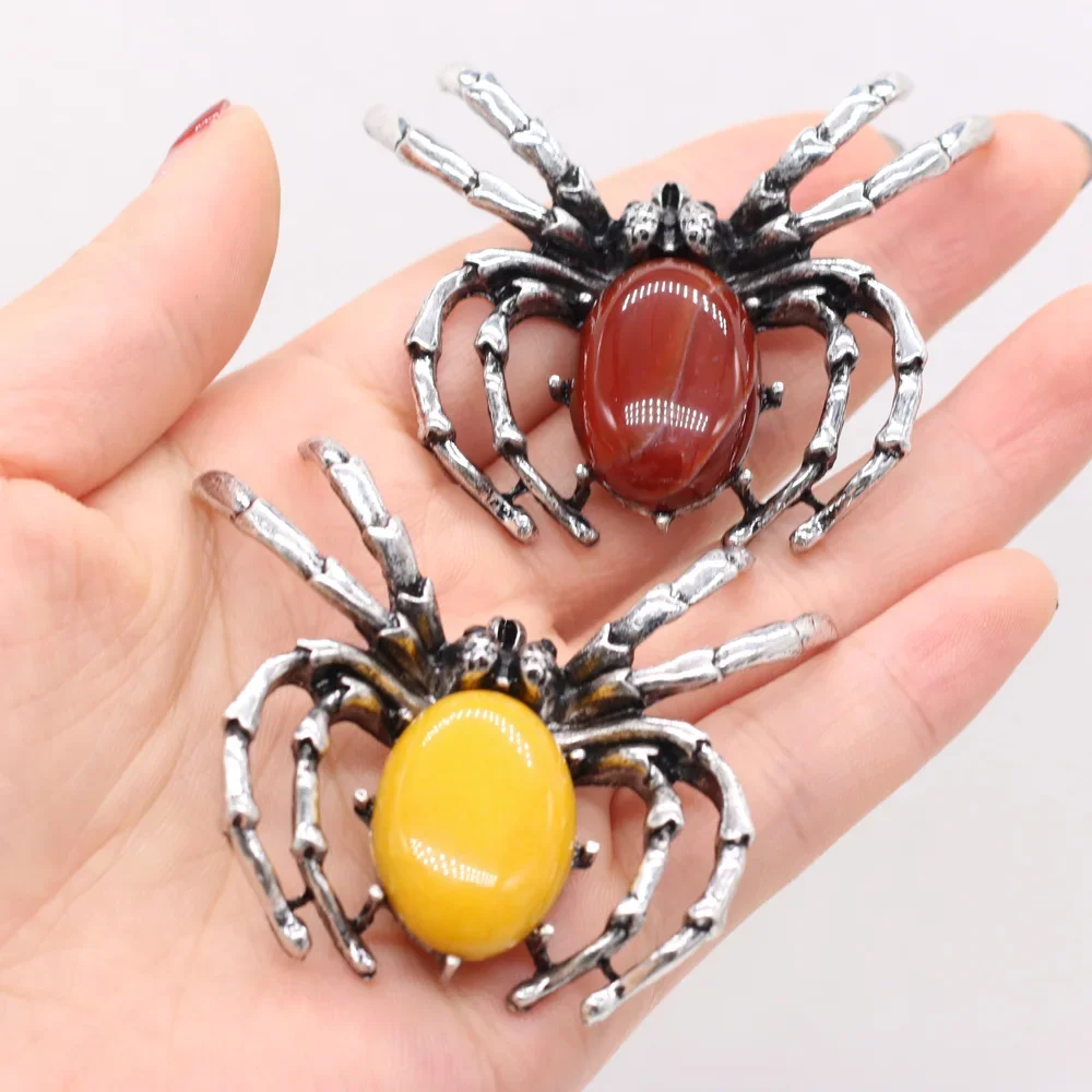 

50x60mm Natural Stone Pendant Alloy Brooch Spider ShapeRose Quartz Charms for Jewelry Making Supplies DIY Necklace Accessories