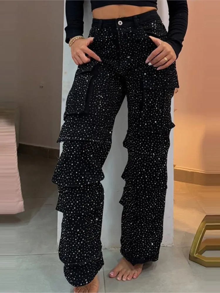 

Fashionable Trousers For Women Spring Summer Solid Color Sequined High Waist Loose Casual Denim Wide Leg Pants For Women 2026