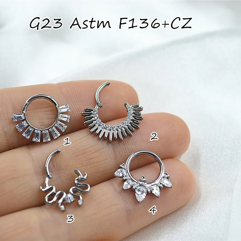 

1pcs G23 ASTM F136 Titanium Double Rows CZ Nose Hoop Septum Clicker Ring Earring Lip Ear Tragus Helix Cartilage Body Piercing