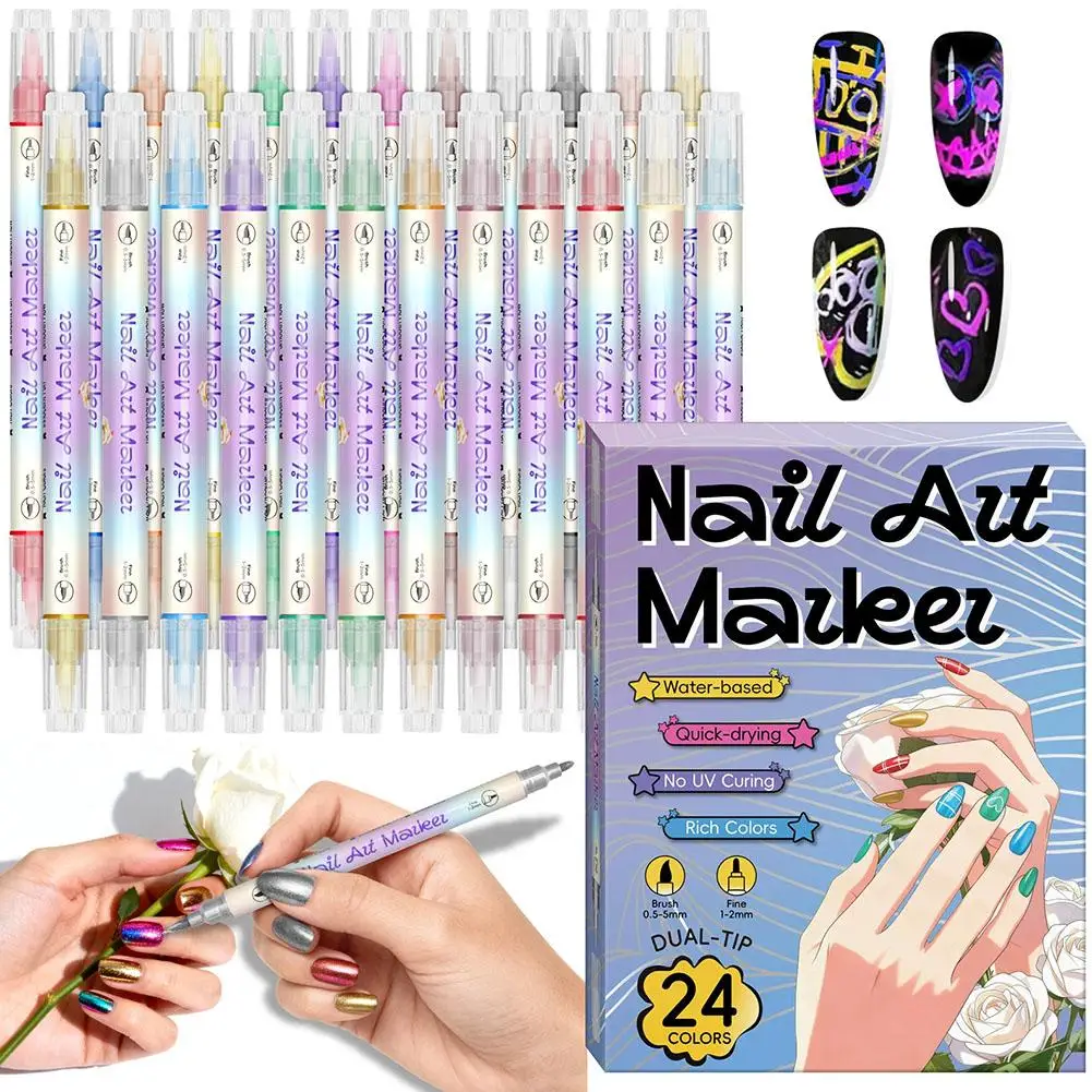 12/24 Colors 3D 0.5MM Nail Art Pens Set Double-headed Nail Polish Pens Quick Dry Long-last Dopamine Color Nail Art Graffiti Pen