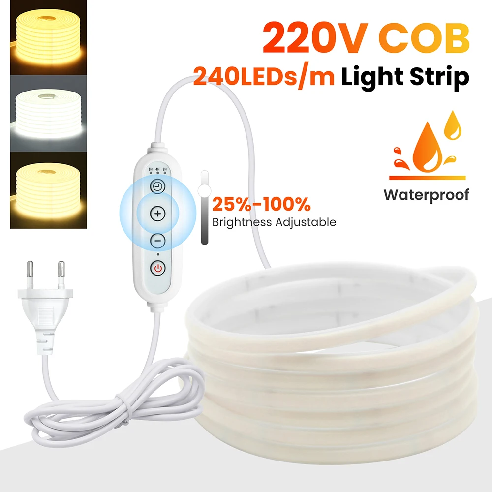 220v調光可能cobネオンフレックスライトledストリップ-ic内蔵-240leds-m-フリッカーフリー-10cmカット可能-3000k-4000k-6000k-防水-キッチン照明