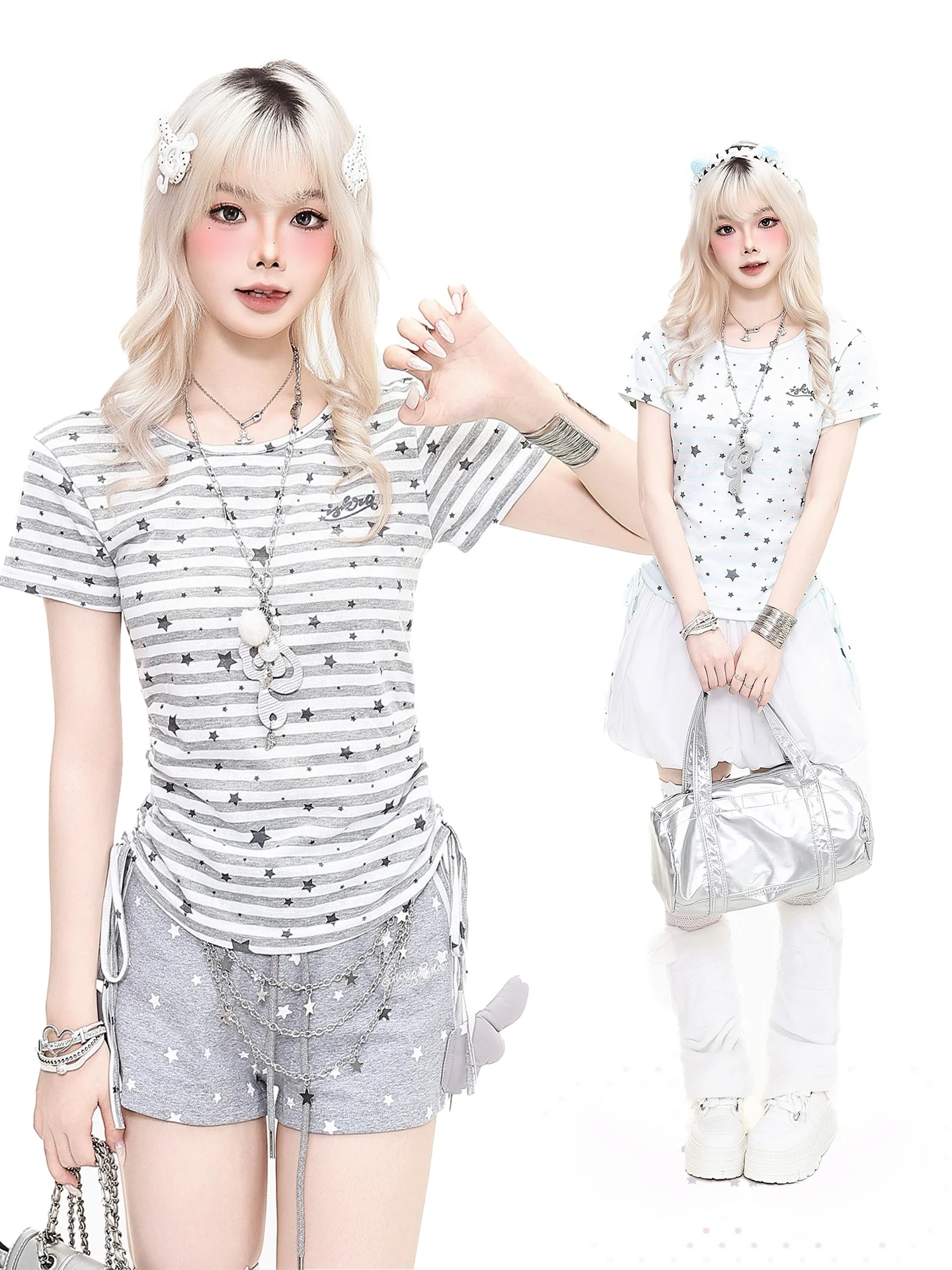 

Ретро-футболка с коротким рукавом и принтом в виде желейных звезд и полосок, женская летняя укороченная футболка с завязками на талии, утягивающая фигуру