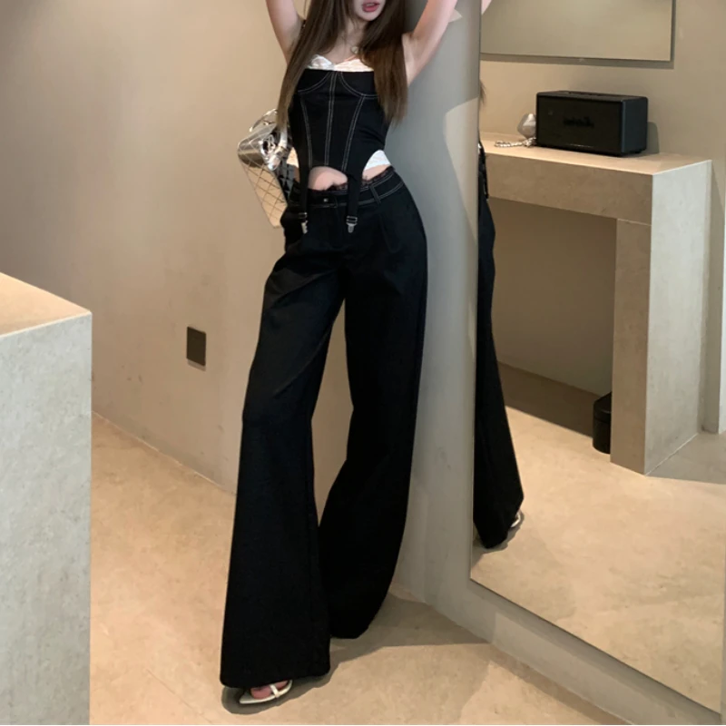 2024 Summer New High Street Contrast Color Lace Splicing Irregular Camisole Women + Loose Casual Wide Leg Pants Two-piece Suit