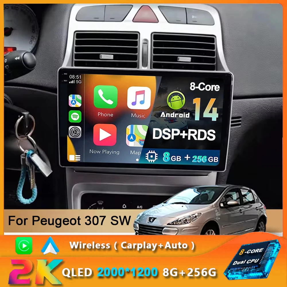 

9" Android 14 8G+256G 2DIN 4G NET+WiFi DSP Car Radio Multimedia For Peugeot 307 SW 307CC 307SW 2002 - 2013 Video Player