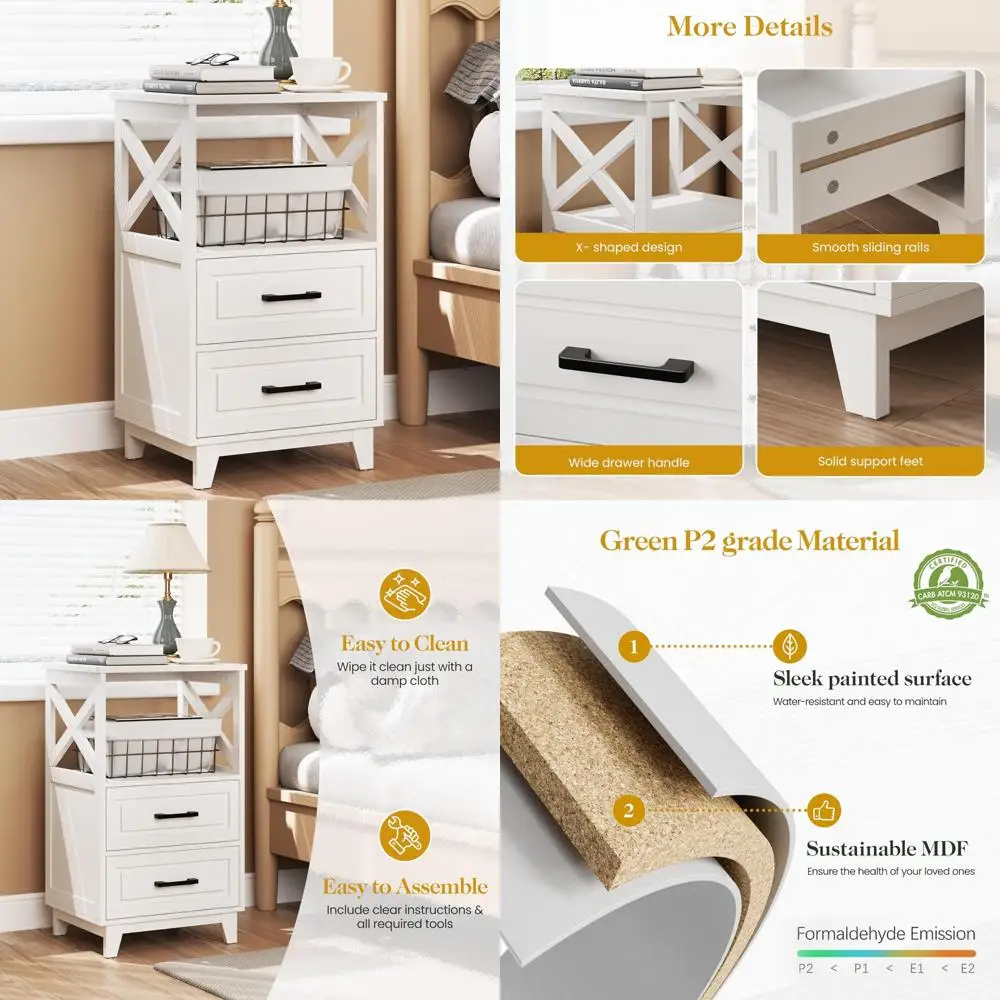 منضدة بيضاء 30 مرتفعة مع درجين ورف مفتوح، وطاولة بجانب السرير حديثة، وأرجل خشبية صلبة #1