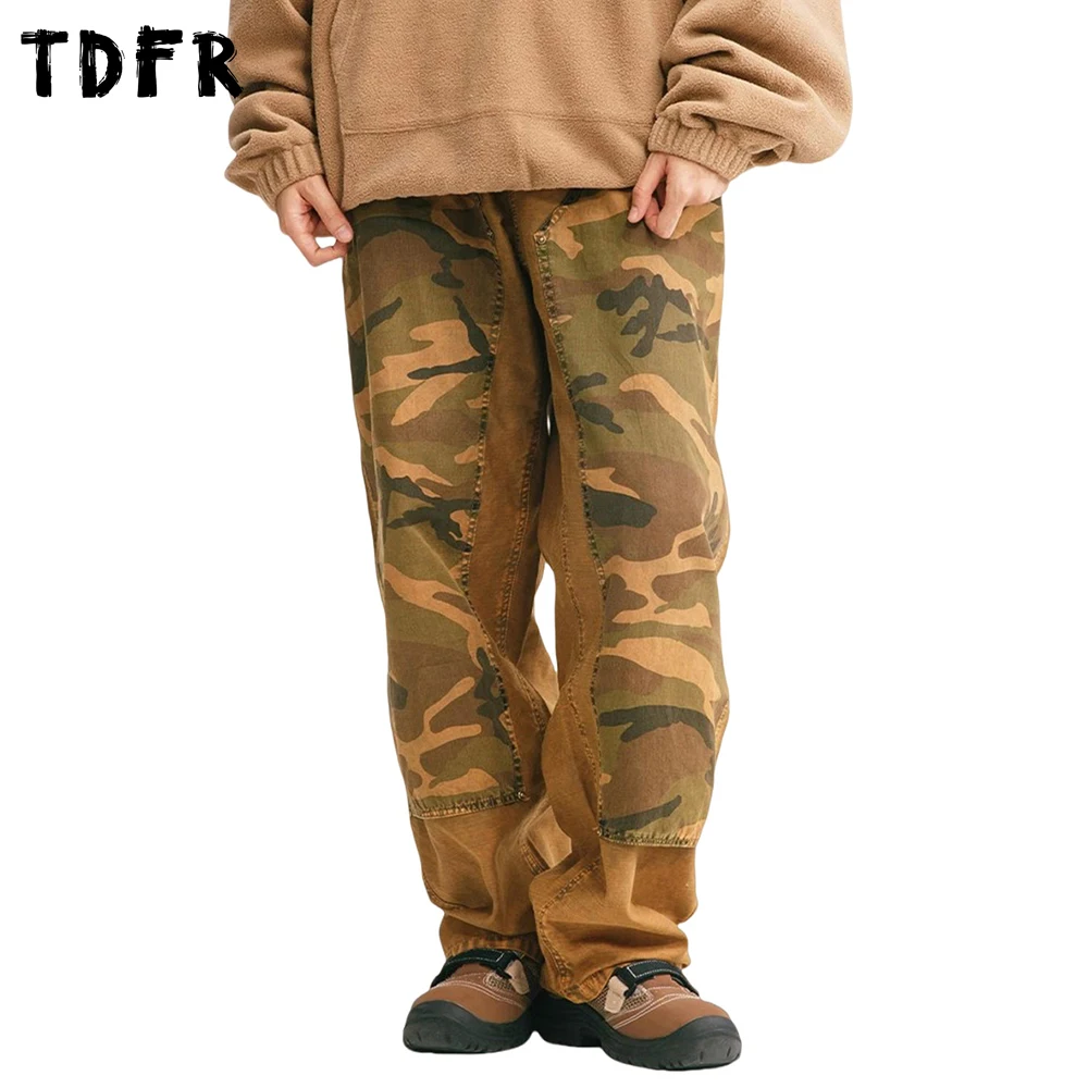 

Camouflage Patchwork Carpenter Pant Mens Embroidery Retro Safari Style Straight Loose Wide Leg Cargo Pants Men