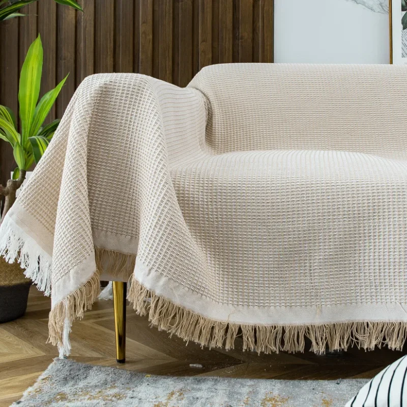 Solid Color Anti Slip Dirty Resistant Sofa Cover Simple Style Cover Blanket Waffle Grid Cushion Household Goods