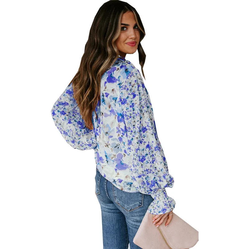 Blusa de manga larga con estampado Floral para mujer, camisa Sexy con cuello en V, estilo bohemio clásico, elegante, 2024