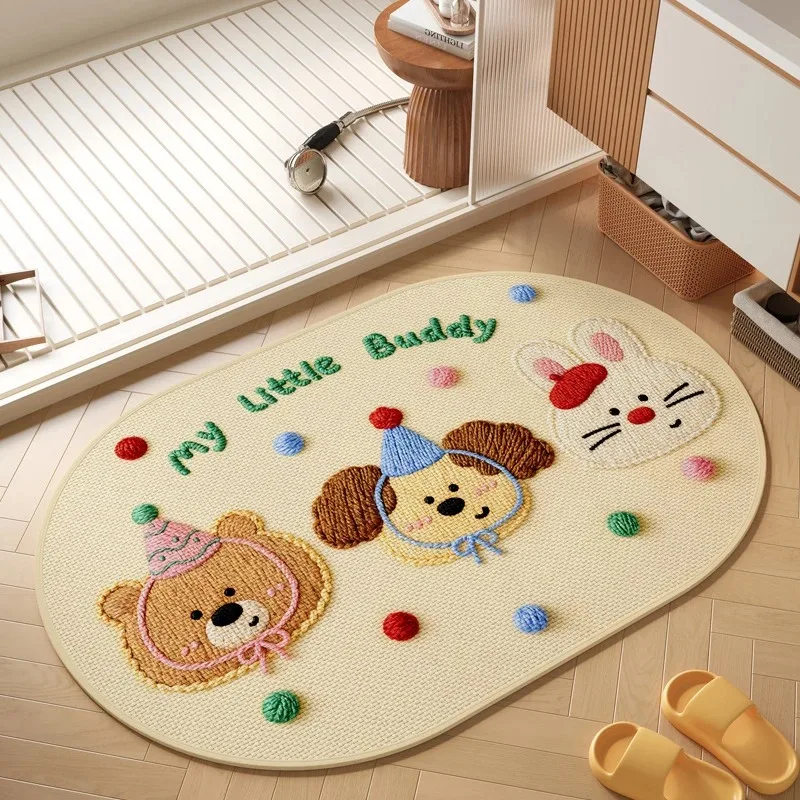 VIKAMA Cute Bear Oval Diatomaceous Earth Bath Mat, Quick Drying Absorbent Non Slip Entryway Doormat for Home Decor