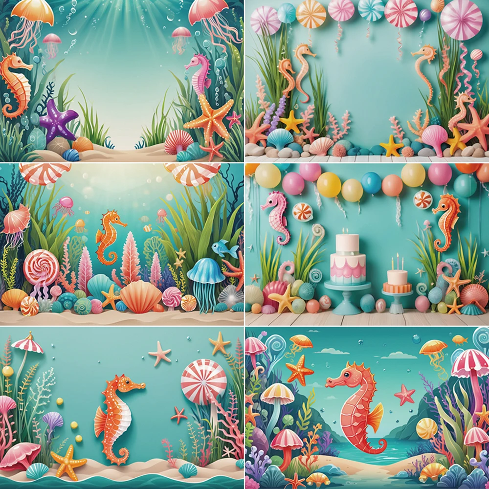 MOON.QG Newborn Baby 1st Birthday Background Ocean Seabed Mermaid Backdrop Child Underwater Beach Party Photography Studio Props