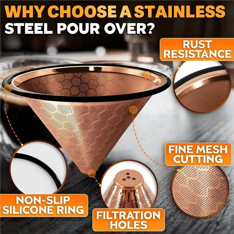 ABYN-Coffee Filter Reusable Stainless Steel - 800 Mesh Cone, Sediment-Free Brew, For Hario & Chemex