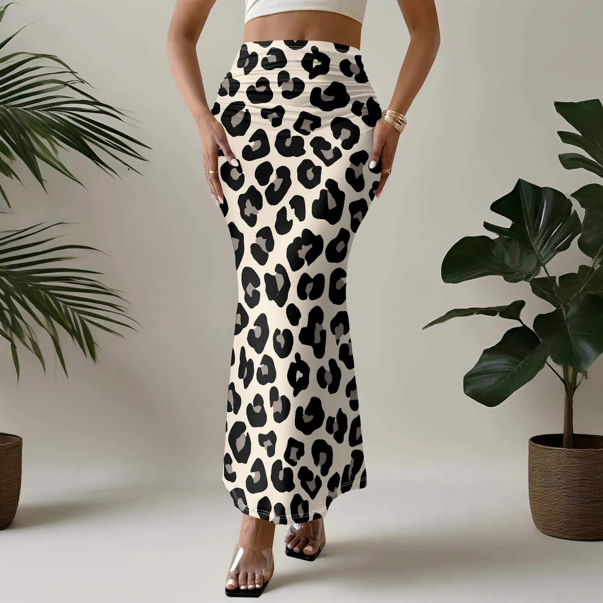 Leopard Print Mermaid Skirt, High Waist Bodycon Midi Skirt, Stretchy Fitted Pencil Skirt for Women, Casual Party Clubwear, S-3XL