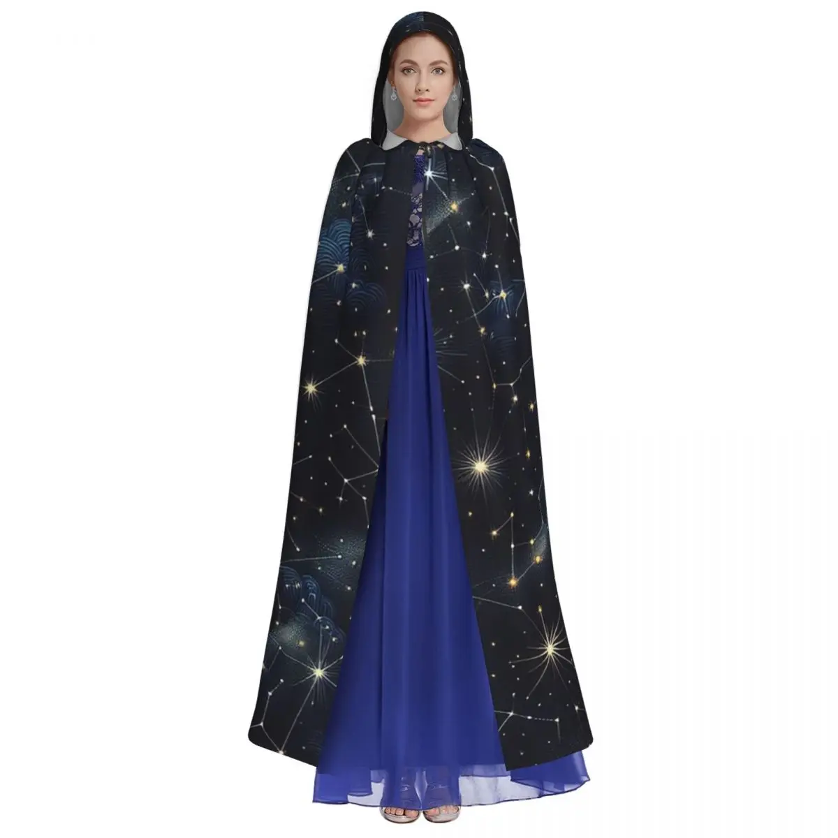 Night Sky Golden Celestial Stars Zodiac Constellations Long Hooded Cloak Witch Costume Cosplay Cape HalloweenParty Adult Unisex