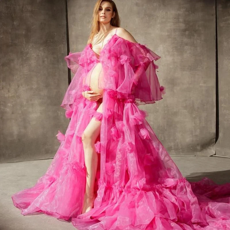 18135 # Fashionablehot Pink Organza Gebloemde Zwangerschapsjurk Voor Fotoshootzwangerschap Sexy Spaghettibandjes Open Voorste Zwangerschapsjurk