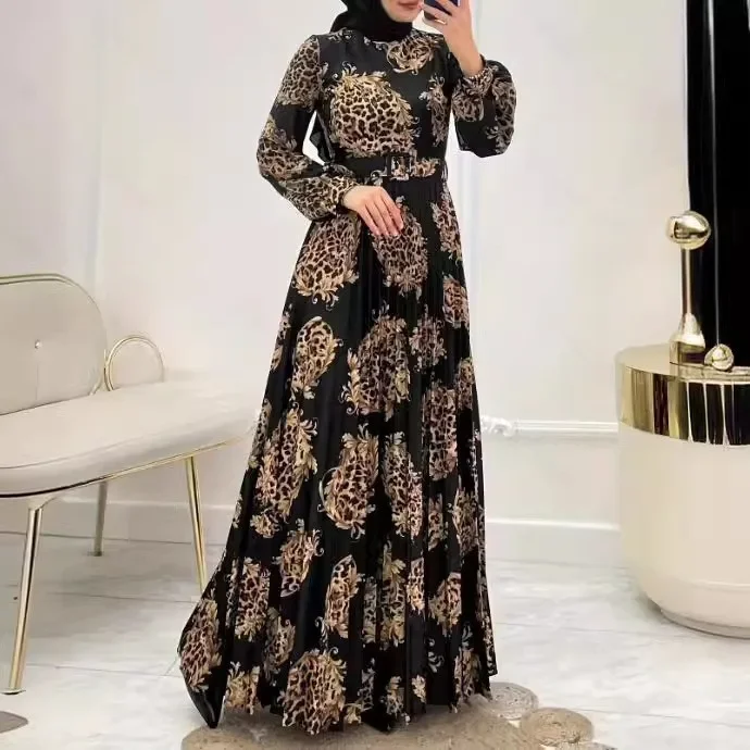 Abaya for Dubai Ladies. Muslim Robe. Arab Middle East Leopard Print Pleated Fashionable and Elegant Long-length Dress. S-XXL