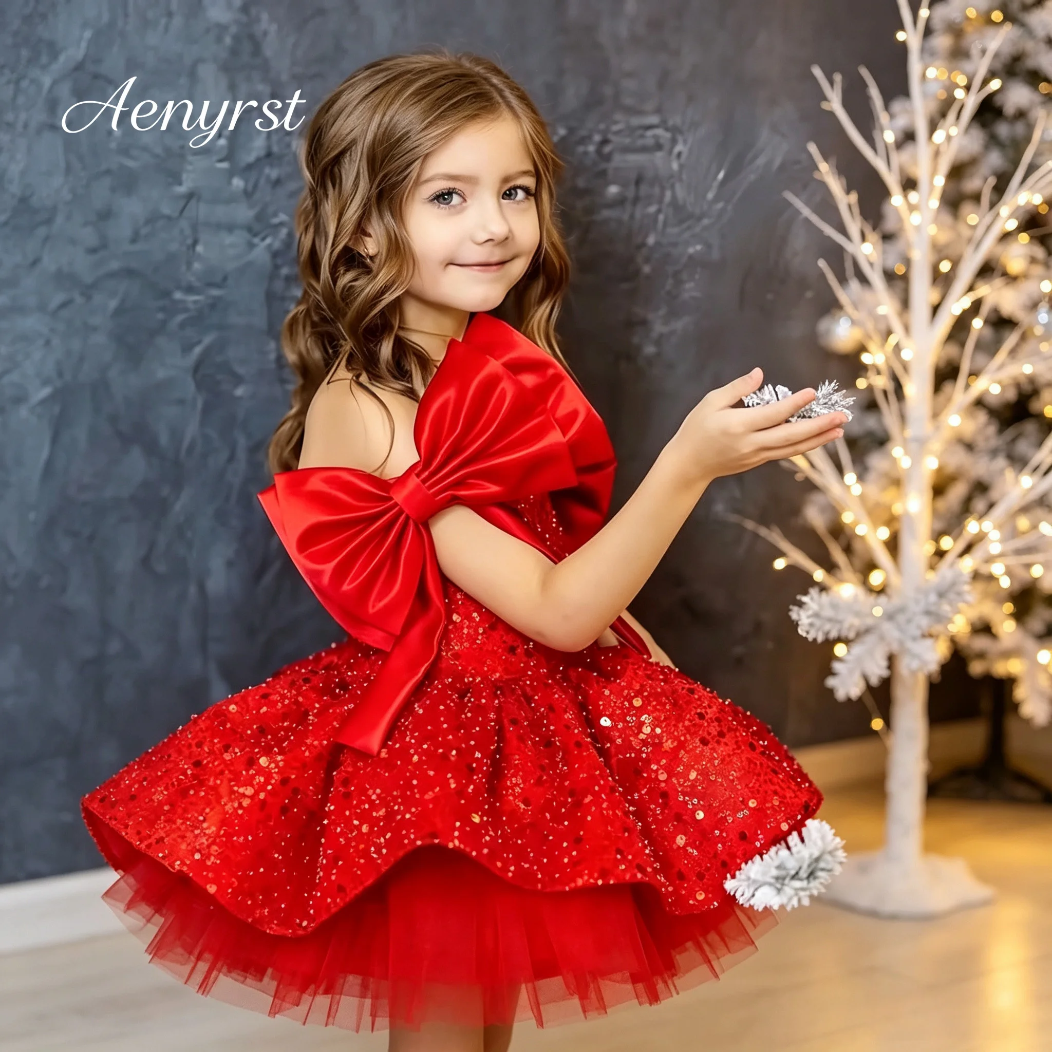 Sparkly Sequin Kids Formal Gown Square Neck Shoulder Bows Double‑Layer Ruffled Short Dress For Birthday Stage Holiday Party