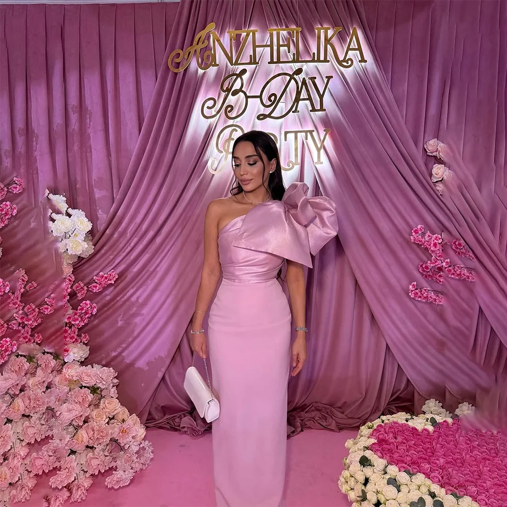 

One Shoulder Bow Prom Dress Pink Straight Floor Length Formal Party Dresses Birthday Party Formal Evening Gowns Customized
