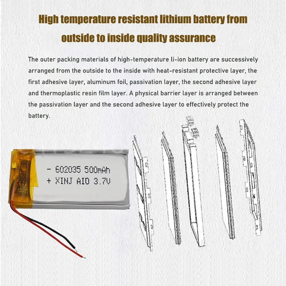 3.7V Lipo Cells 602035 500mah Lithium Polymer Rechargeable Battery for MP3 MP4 MP5 GPS Bluetooth Headphone Car Tachograph