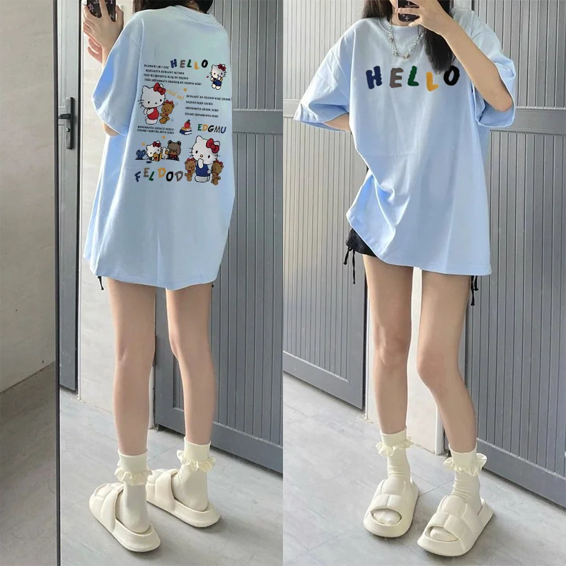 

Korean-style INS Sweet Girl Cartoon Print 100% Pure Cotton Short-sleeved T-shirt for Women Loose and Lazy Student Top